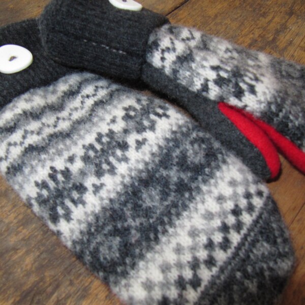 Felted wool mittens in a Fairisle pattern of charcoal grey and white with red palms.