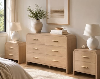 Modern Oak Bedroom Furniture Set, Wooden Dresser with Nightstands, Curved Edge Storage Cabinet, Scandinavian Bedroom Decor