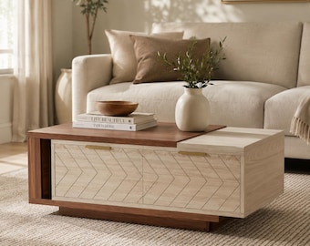 Modern Wood Coffee Table with Storage Drawer, Sliding Top Center Table, Contemporary Living Room Furniture