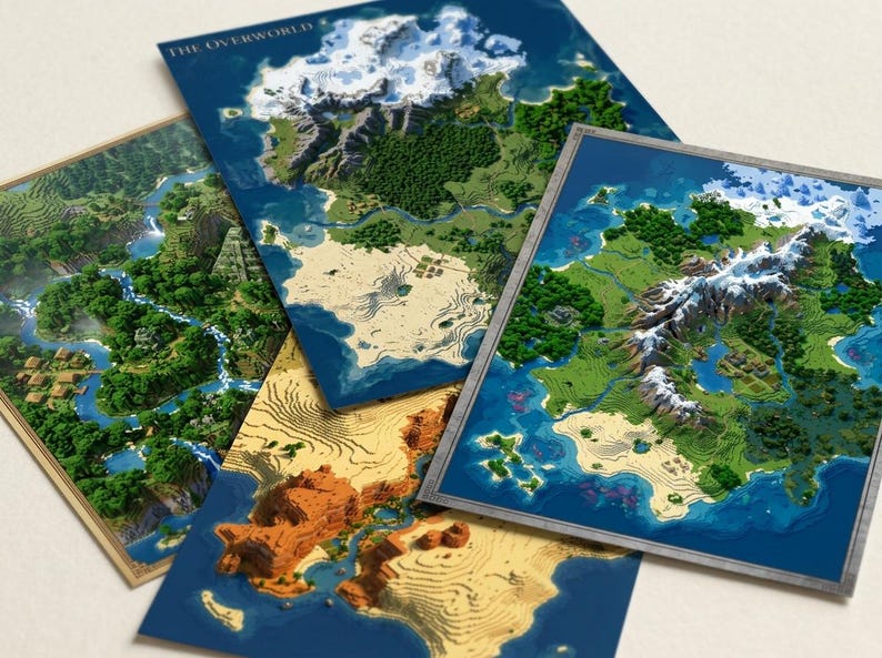 Minecraft Inspired Map Bundle, 5 Biome World Maps, Gamer Wall Art Set ...