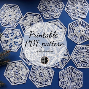 May include: A collection of white, hexagonal lace doilies with snowflake-like patterns, arranged on a blue background. The image includes the text "Printable PDF pattern" and the name "MihulkovaLace".
