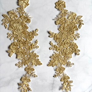 Gold Flowers Sew on Patch 2pcs set, Embroidery Applique, DIY Supplies