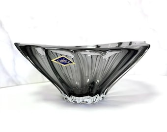 Gray Crystal Bowl, Dessert Fruits Plate, Centerpiece, Czech Bohemian Home Decor
