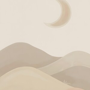 Peut inclure: Peinture abstraite de paysage avec un croissant de lune au-dessus de collines ondulantes. L'œuvre utilise une palette de couleurs sourdes de beige, de tan et de tons pêche, créant une esthétique sereine et minimaliste.
