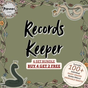 Könnte beinhalten: Eine olivgrüne Grafik mit den Worten "Records Keeper" in fetten schwarzen Buchstaben. Das Bild enthält Illustrationen von Schlangen mit Kronen, Blumengirlanden und Text, der lautet: "6 Set Bundle, Buy 4 Get 2 Free" und "Includes 100+ Individual Hand-Drawn Sticker PNGs & Printable Sheets."