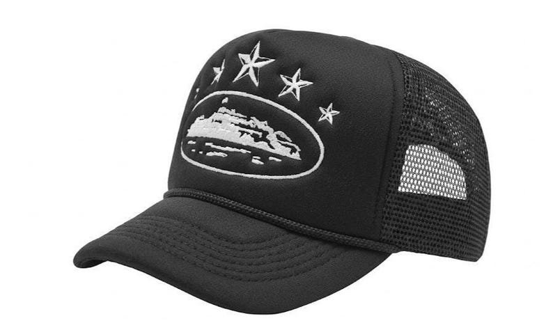 May include: Black trucker cap with a white embroidered mountain and star design. The cap has a curved peak, a mesh back, and an adjustable strap. A fashionable accessory for outdoor pursuits.