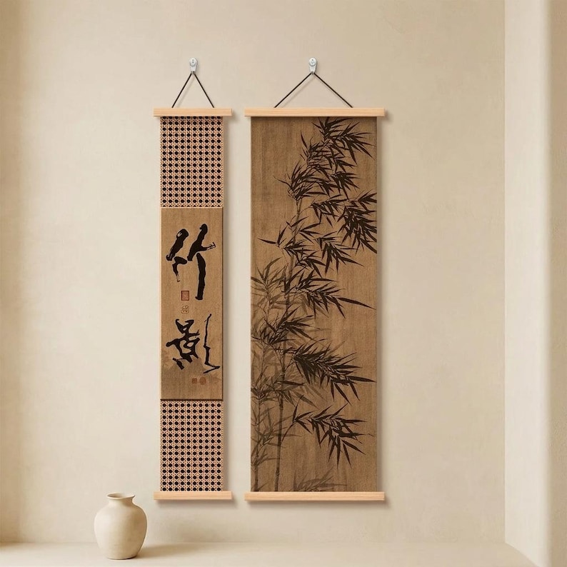 Tapiz de pared Japandi Kakejiku, decoración de pared zen japonesa, pergamino de caligrafía Wabi Sabi, arte de pared minimalista en madera, decoración para sala de meditación D
