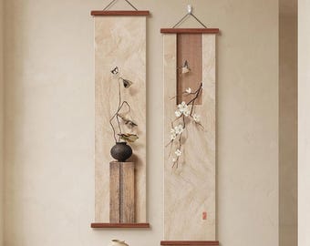 Tapiz Japandi, decoración de pared japonesa Kakejiku, arte textil botánico Wabi Sabi para pared, tapiz Zen, decoración escandinava para el hogar