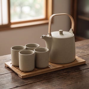 Stoneware Teapot Set, Ceramic Tea Kettle with Bamboo Tray, Japanese Tea Set, 4 or 6 Cups, Wood Handle Teapot, Speckled Stoneware Tea Gift
