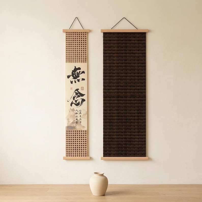 Tapiz de pared Japandi Kakejiku, decoración de pared zen japonesa, pergamino de caligrafía Wabi Sabi, arte de pared minimalista en madera, decoración para sala de meditación B