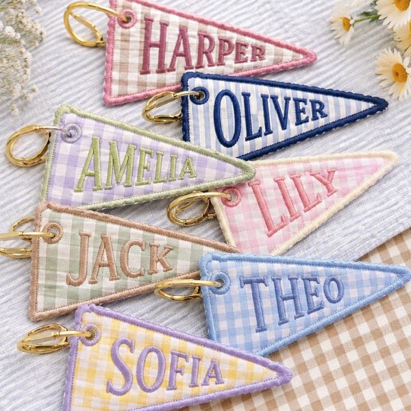 Personalized Embroidered Gingham Bag Charm, Custom Name Pennant Keychain, Backpack Tag, Sorority Gift, Preppy Accessory, Big Little Gift