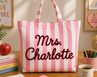 Custom Teacher Tote Bag, Embroidered Name Teacher Gift, Personalized Chenille Letter School Bag, Back to School Teacher Appreciation