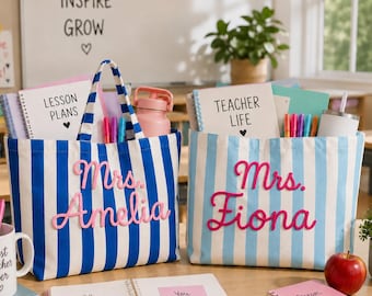 Custom Teacher Tote Bag, Personalized Embroidered School Bag, Teacher Appreciation Gift, Back to School Tote with Name, Cute Teacher Bag
