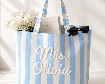 Personalized Chenille Embroidered Mrs Tote Bag, Bride Gift, Wedding Bag, Bachelorette Party Favor, Custom Bridal Shower Gift, New Mrs Gift