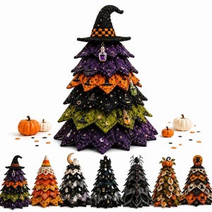 May include: A tiered fabric tree decoration topped with a black witch hat, featuring quilted layers in purple, orange, black, and green with celestial and witchy patterns. Small glass potion bottles hang from the layers. Seven smaller trees are below.