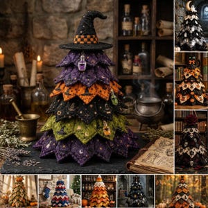 May include: A tiered fabric tree decoration featuring a pointed witch hat topper, quilted layers in purple, orange, black, and green, and small dangling potion bottle charms. The tree displays various embroidered motifs including stars, moons, and hats.