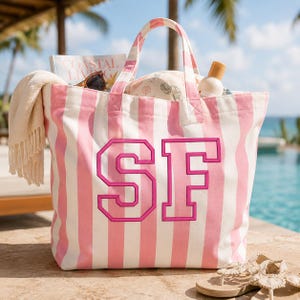 Custom Embroidered Cabana Tote Bag, Personalized Beach Tote Bag, Monogram Striped Shopper, Summer Vacation Tote, Bridal Party Gift, Pool Bag 画像 8