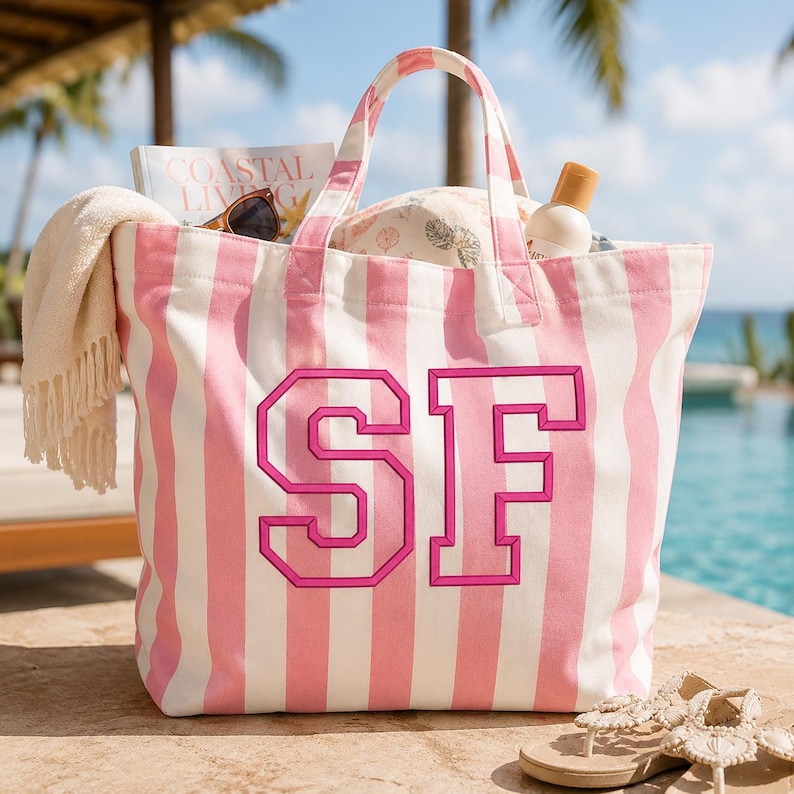 Custom Embroidered Cabana Tote Bag, Personalized Beach Tote Bag, Monogram Striped Shopper, Summer Vacation Tote, Bridal Party Gift, Pool Bag 画像 8