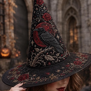 May include: A black quilted witch hat featuring an embroidered design of a black raven perched on a branch against a large red moon. The hat is decorated with intricate red rose patterns, gold star accents, and swirling vine embroidery throughout.