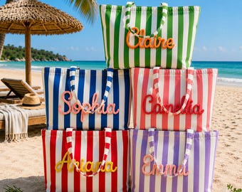 Personalized Beach Tote Bags, Custom Cabana Striped Beach Bag for Women, Striped Large Reusable Tote for Bridesmaid, Summer Travel Gift