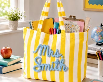Personalized Teacher Striped Tote Bag, Embroidered School Canvas Bag, Custom Name Teacher Appreciation Gift, Back to School Gift for Teacher