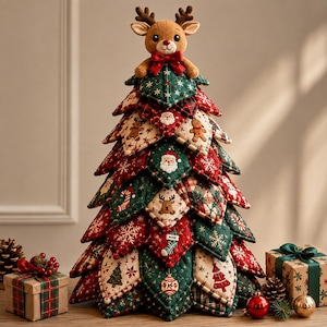 May include: A decorative fabric Christmas tree constructed from layered, quilted triangular patches in red, green, and cream. The tree features festive prints of Santa, reindeer, gingerbread men, and snowflakes, topped with a plush reindeer figure.