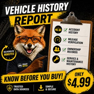 May include: An advertisement for a vehicle history report. It features a cartoon fox wearing glasses and a black shirt, pointing towards a clipboard with checkmarks next to key vehicle history details. The text reads "VEHICLE HISTORY REPORT" and "KNOW BEFORE YOU BUY!"