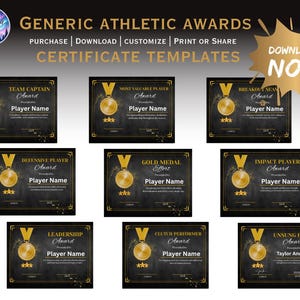 May include: A collection of eight black and gold athletic award certificate templates featuring a gold medal graphic, star icons, and text fields for player name, coach, and date. The top text reads Generic Athletic Awards and Download Now.