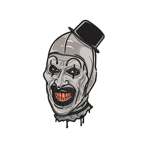 May include: An embroidered patch featuring a stylized clown head with a pale grey face, black eye makeup, and a wide mouth showing orange teeth. The clown wears a small black top hat tilted to the side, with black stitching details throughout.