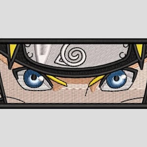 May include: Embroidered patch featuring the eyes of an anime character. The eyes are blue with black outlines and yellow accents. The character's headband is visible, with a spiral symbol. The patch is rectangular with a black border.