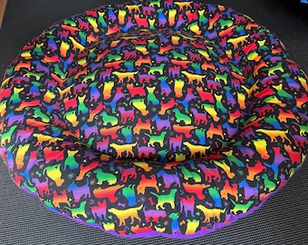 Medium Dog Bed, Donut, Round, Reversible, Purple Fleece & Rainbow Dog Fabric