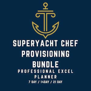 Op de afbeelding: Marineblau ontwerp met een gouden anker. De witte tekst luidt: "SUPERYACHT CHEF PROVISIONING BUNDLE PROFESSIONAL EXCEL PLANNER 7 DAGEN / 14 DAGEN / 21 DAGEN". Ontworpen voor professioneel gebruik.
