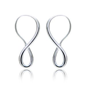 May include: A pair of silver-colored infinity symbol earrings. The earrings are made of a smooth, reflective metal and have a simple, elegant design. The infinity symbol is a continuous loop, and the earrings are shown against a white background.
