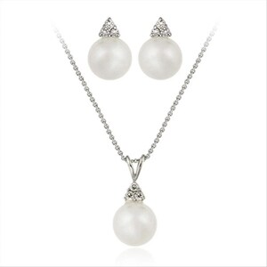 Sterling Silver Simulated White Pearl W Cz Pendant & Ea