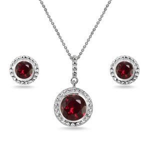 Conjunto de collar con colgante y pendientes de plata 925 con flor de rubí sintético redondo de 6 mm.