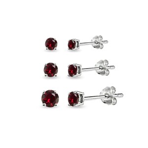 3 par örhängen i sterlingsilver med rubinmotiv, runda 3 mm, 4 mm, 5 mm