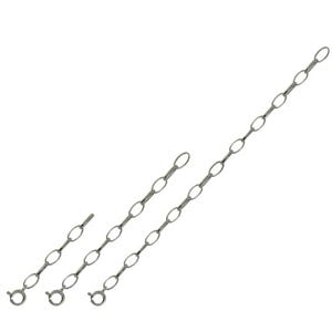 May include: Three silver-colored chain extenders with oval links and spring ring clasps. The chains vary in length, with one shorter than the other two. Each chain has a loop at the end opposite the clasp, designed for jewelry making or repair.