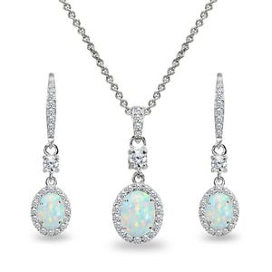Oval-Cut Simulated White Opal Halo 925 Silver Necklace & Leverback Earrings Set