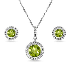 6 mm Rund Peridot Halo Bezel-Set 925 Silber Anhänger Halskette & Ohrstecker im Set
