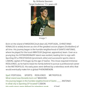 May include: A printed educational page featuring a photograph of Cristiano Ronaldo wearing a green and yellow Sporting CP soccer jersey. The text includes a biography of the athlete, spelling exercises, and reading comprehension questions for students.