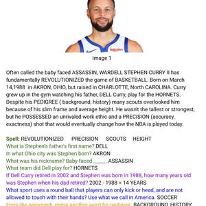 May include: A portrait of basketball player Stephen Curry wearing a white and blue jersey with the Rakuten logo, positioned above a printed educational worksheet containing biographical text, spelling exercises, and questions about his career.