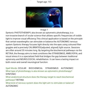 May include: An educational document titled PHOTOTHERAPY by Brittanie Savonen, featuring an illustration of a human head profile with a glowing brain and light waves. The text explains syntonic phototherapy, its clinical applications, and includes a list of questions and answers regarding ocular science and neurological rehabilitation.