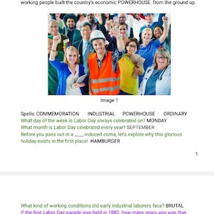 May include: A printed educational worksheet titled Labor Day by Brittanie Savonen. It features a photograph of a diverse group of people, including one person in a bright orange safety vest, followed by text-based questions and answers about the holiday.