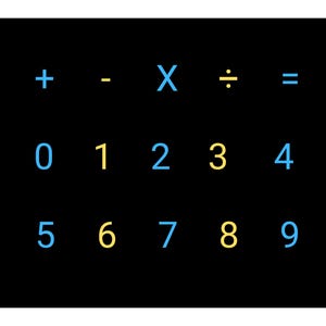 May include: A black rectangular graphic featuring three rows of symbols and numbers in light blue and yellow. The top row displays mathematical operators plus, minus, multiplication, division, and equals. The bottom rows show digits zero through nine.