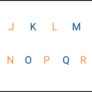 May include: A white background featuring two rows of capital letters. The top row displays J, K, L, and M, while the bottom row shows N, O, P, Q, and R. The letters J, L, N, P, and R are orange, and the letters K, M, O, and Q are dark blue.