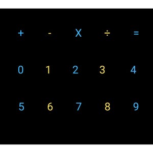 May include: A black rectangular grid featuring three rows of mathematical symbols and digits. The top row displays +, -, X, ÷, and =. The second row shows 0, 1, 2, 3, and 4. The third row shows 5, 6, 7, 8, and 9. The characters alternate between light blue and yellow.