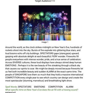 May include: An educational worksheet titled Fire in the Sky by Brittanie Savonen for ages 11 and up. It features a photograph of a colorful fireworks display over a city skyline at night, followed by a paragraph of text and reading comprehension questions.