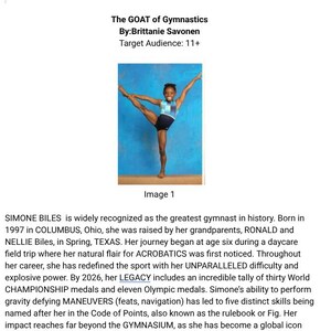 May include: A gymnast in a blue and black leotard performs a leg extension pose against a blue textured backdrop. The text above reads: The GOAT of Gymnastics By:Brittanie Savonen Target Audience: 11+ and the text below reads: Image 1.