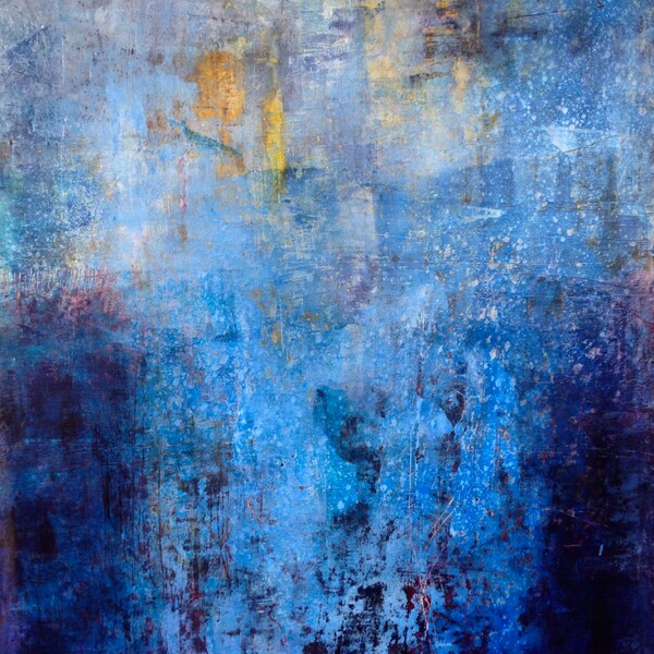 original oil and wax abstract painting in many shades of blues, white and yellow, 24"x20"