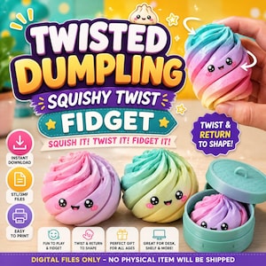 Peut inclure: Un ensemble de fichiers numériques pour un jouet anti-stress Twisted Dumpling Squishy Twist Fidget. L'image montre trois jouets en forme de raviolis tourbillonnants multicolores avec des visages souriants, dont un dans un panier vapeur bleu sarcelle.
